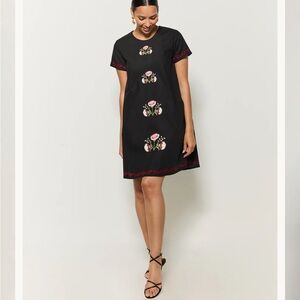 Fanm Mon Gabon Dress Mini Floral Embroidered Short Sleeves Black Small NWT
